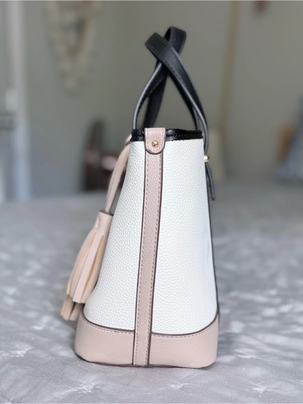 Anne Klein Colorblock Pebbled Tote in Black, White, Cream